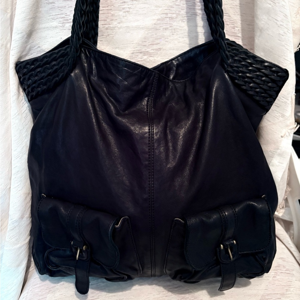 HOBO Black Leather Tote with Braided Handles